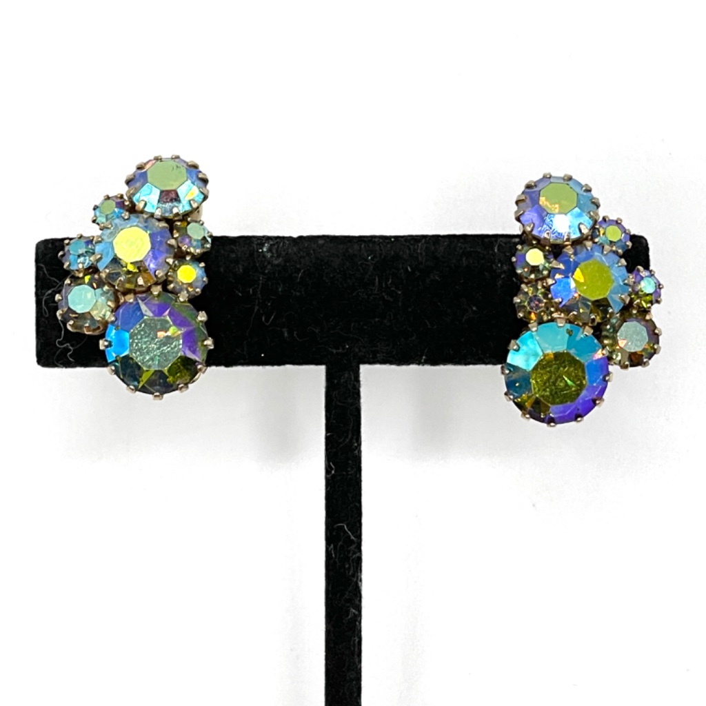 Weiss Signed Blue Green Ab Rhinestone Clip-On Earrings Vintage
